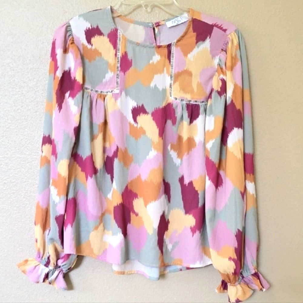 Avara Womens Colorful Abstract Print Peasant Blouse Top - Size Small